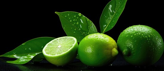 Aufkleber - Fresh green limes with water droplets on dark background, featuring a halved lime and vibrant green leaves arranged artistically.