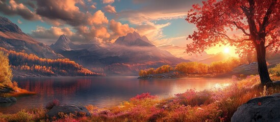 Poster - Serene autumn landscape at sunset with vibrant red and orange foliage reflecting in calm lake against majestic mountains under a colorful sky.