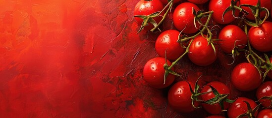 Poster - Vibrant red mini tomatoes arranged on the left against a deep red textured background creating ample copy space on the right side