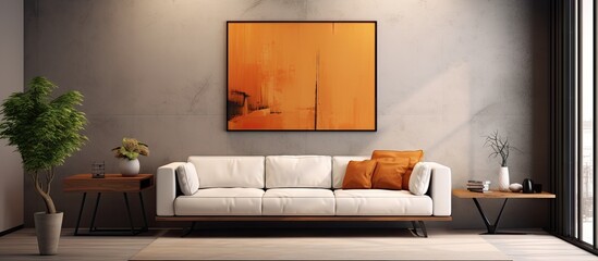 Aufkleber - Contemporary living room featuring a white sofa with orange cushions against a neutral wall, potted plant on the left and modern artwork in the center.