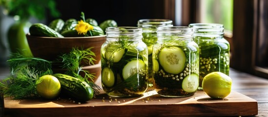 Poster - Freshly preserved cucumbers in glass jars with dill and garlic on a wooden table against a bright window, with whole cucumbers and herbs nearby.