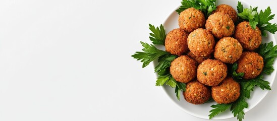 Poster - Plate filled with golden-brown fried falafel balls surrounded by fresh green parsley leaves on a clean white background for appetizing presentation.