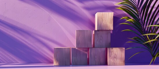 Aufkleber - Wooden blocks stacked against a purple background with green leaves casting shadows, showcasing modern design and warm tones in composition.