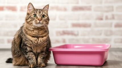 Poster - A charming image of a cat sitting beside a litter box, with a slightly confused expression, showcasing the curiosity and antics of felines during playtime.