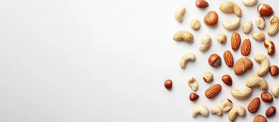 Poster - Mixed nuts of various shapes and colors scattered on a light gray background with ample copy space on the left side for text or design elements