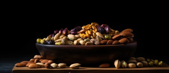 Poster - Diverse assortment of healthy nuts in a dark stone bowl centered on a black background with rich textures and vibrant colors for a striking contrast