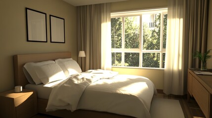 Poster - A clean, minimalist bed with white bedding, placed in a small, peaceful bedroom with wooden furniture and soft natural light coming through a large window.