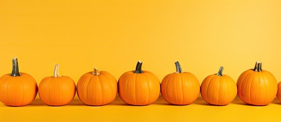 Poster - Vibrant yellow background with a row of bright orange pumpkins arranged horizontally offering ample space for text insertion on the left side