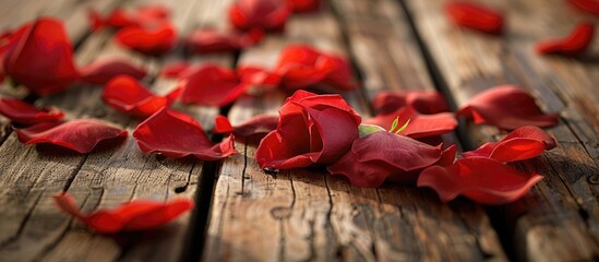 Aufkleber - Close-up of vibrant red rose petals scattered on weathered wooden planks with soft focus creating a romantic and artistic background space