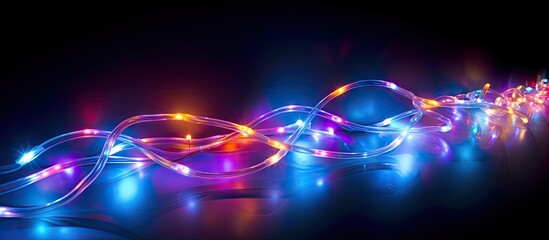 Poster - Colorful LED string lights gracefully arranged in wavy lines against a black background, featuring bright blue, orange, and purple hues.
