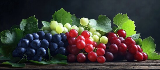 Aufkleber - Vibrant display of organic grapes in green, white, and red varieties with lush green leaves against a dark background on a wooden surface