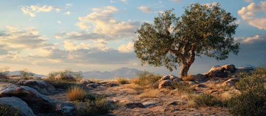 Fototapete - Lone olive tree on rocky terrain under a vast sky with soft clouds and distant mountains showcasing earthy tones and natural beauty.