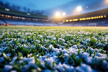 Poster - Snow-dusted green grass on a brightly lit stadium field during an evening match under a serene blue sky.