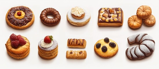 Poster - Assorted pastries and desserts displayed on a clean white background with varied colors of brown, tan, and cream arranged in two rows.