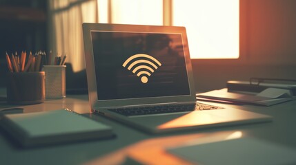 Fototapete - A close-up of a laptop screen displaying a Wi-Fi connection icon, surrounded by notebooks and stationery, creating a modern workspace atmosphere.