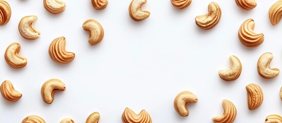 Poster - Golden cashew nuts arranged in a circular pattern on a bright white background creating a clean and elegant nut-themed design for advertisements.
