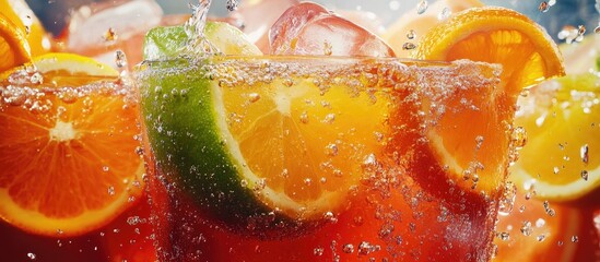 Poster - Colorful citrus fruit slices including orange and lime float atop sparkling soda with ice cubes, creating a refreshing summer drink composition.
