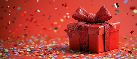 Poster - Festive red gift box with a glossy red ribbon and bow positioned at center against a vibrant red background sprinkled with colorful confetti.