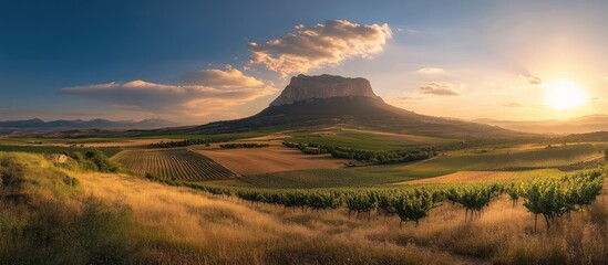 Poster - Vibrant sunset over rolling vineyards foreground with majestic mountains in the background hues of gold orange and green elements in harmony