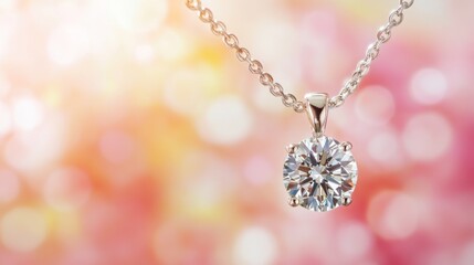 Poster - A close-up of a sparkling diamond pendant hanging from a delicate chain, with a blurred background of soft pastel colors, creating an ethereal atmosphere.
