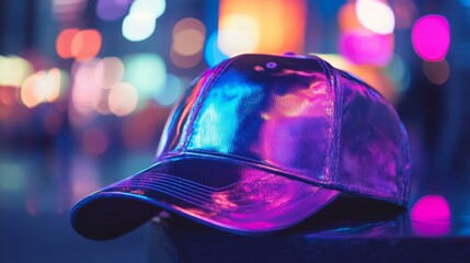 Poster - Holographic baseball cap with neon bokeh lights in the background, vibrant and futuristic look. Urban fashion and modern style concept