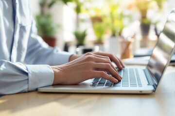 Poster - Hands typing on a laptop keyboard in a bright office with blurred greenery in the background.