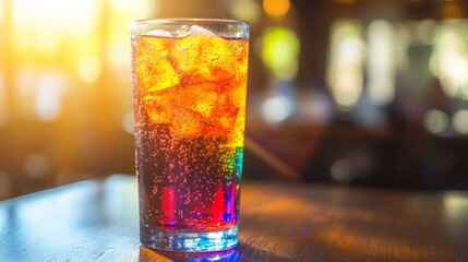 Poster - A close-up of a tall glass of colorful soda with vibrant bubbles, placed on a wooden table, with sunlight streaming through a nearby window.