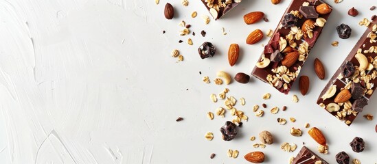 Poster - Nutty muesli bars with dark chocolate on a light textured background scattered with almonds oats and dried fruits for healthy snack promotion