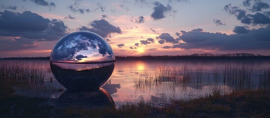 Poster - Reflective Sphere on Lakeside at Twilight with Vibrant Sunset and Cloudy Sky in Soft Pastel Colors, Surrounded by Tall Grasses at Water's Edge