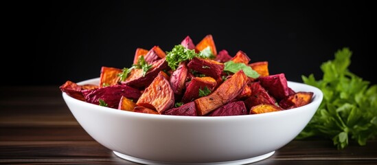 Poster - Colorful roasted beet and sweet potato fries in a large white bowl, garnished with fresh herbs, set against a dark background with wooden table.