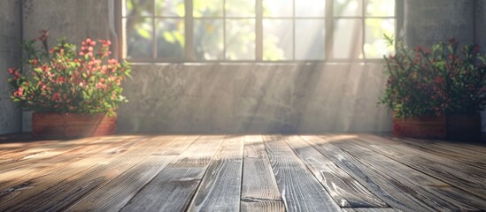 Fototapete - Bright and airy interior with wooden floor and sunlight streaming through large window illuminating potted plants creating a serene atmosphere