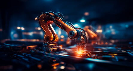 Aufkleber - A metallic robotic arm welds with sparks in a dark, automated factory environment showcasing industrial manufacturing and modern technology.