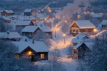 Aufkleber - Winter village illuminated by glowing streetlights and cozy homes amid a snow covered landscape at dusk. Generative AI
