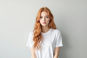 Poster - Portrait of a young woman with long red hair in a white shirt, standing against a light gray background.