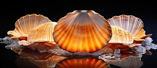 Poster - Scallops arranged on ice with vibrant orange and beige shells centered against a dark background creating an appetizing display with ample copy space.