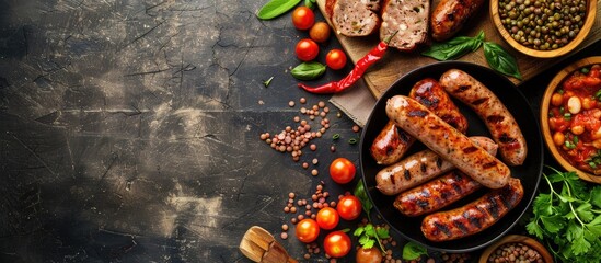 Poster - Rustic overhead view of a fresh meal featuring grilled sausages lentils and vibrant vegetables on a dark wooden table with ample copy space