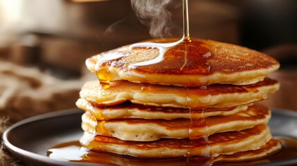 Poster - A close-up of golden-brown fried pancakes stacked high on a plate, with steam rising and a drizzle of syrup, evoking a cozy breakfast atmosphere.
