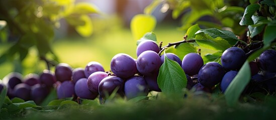 Fototapete - Vibrant purple plums clustered on lush green grass with soft sunlight illuminating the scene creating a serene garden atmosphere.