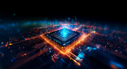 Poster - A futuristic glowing square emits vibrant blue and orange light rays on a dark backdrop. It resembles a central processing unit or a technological core.