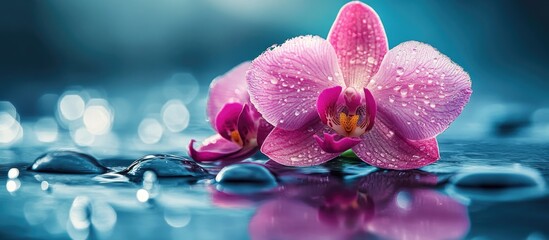 Poster - Delicate pink orchid blossom with water droplets resting on dark reflective surface surrounded by soft blue and green hues creating a serene ambiance