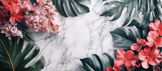 Aufkleber - Floral arrangement with pink flowers and vibrant green leaves on white marble background creating a stylish natural decor layout