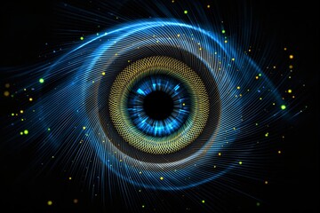 Poster - Abstract glowing pattern with vibrant blue and yellow lines on black background.