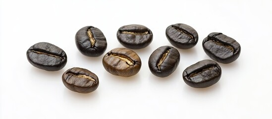 Aufkleber - Gourmet roasted coffee beans showcasing rich colors of dark and light brown arranged evenly on a white background for coffee connoisseurs.