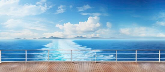 Poster - Spacious cruise ship deck with white railing against a bright blue sky and calm ocean, horizon blending into distant islands, ideal for travel themes.