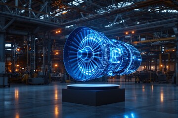 Poster - Futuristic digital jet engine hologram in an industrial setting.