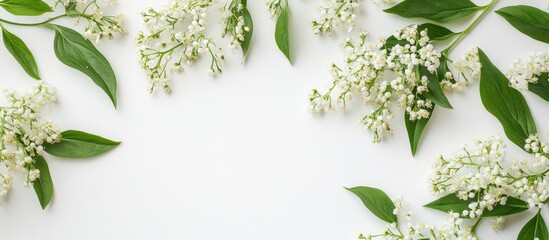 Aufkleber - Delicate white flowers with green leaves arranged around a light background creating a serene, natural frame in a balanced composition.