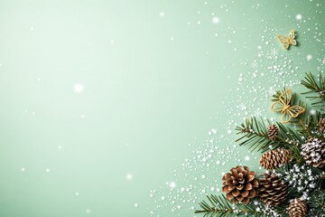 Poster - Christmas decoration with pinecones and gold butterflies on light green background.