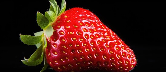 Poster - Fresh ripe red garden strawberry with vibrant green leaves isolated on a black background highlighting its texture and color ideal for copy space
