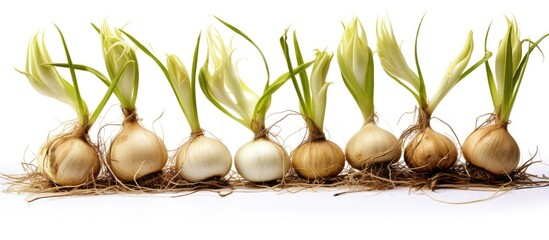 Aufkleber - Lily bulbs with green shoots arranged in a row on a clean white background showcasing earthy tones and natural textures for gardening themes.