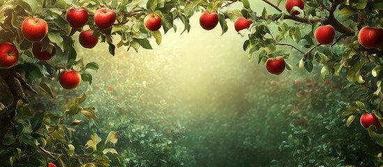 Fototapete - Lush apple orchard with vibrant red apples hanging from green branches under soft golden light creating a serene and inviting atmosphere